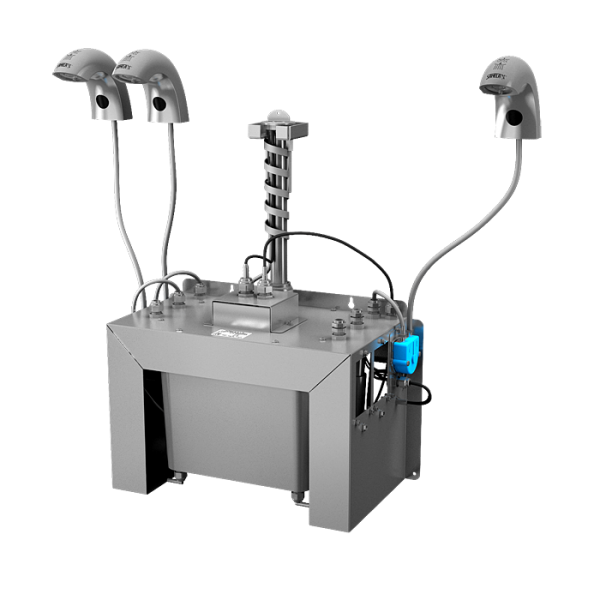 Automatická nerezová stojánková baterie (3 ks) s centrálním dávkovačem mýdla a elektronikou ALS pro jednu vodu, nádržka na mýdlo 6 l, 230 V AC