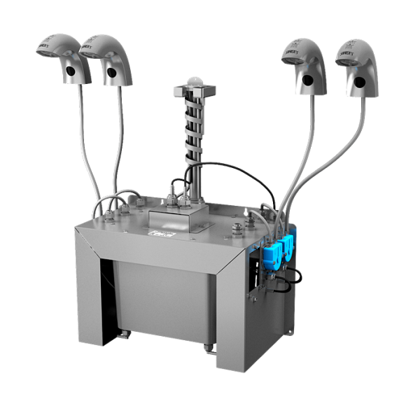 Automatická nerezová stojánková baterie (4 ks) s centrálním dávkovačem mýdla a elektronikou ALS pro jednu vodu, nádržka na mýdlo 6 l, 230 V AC