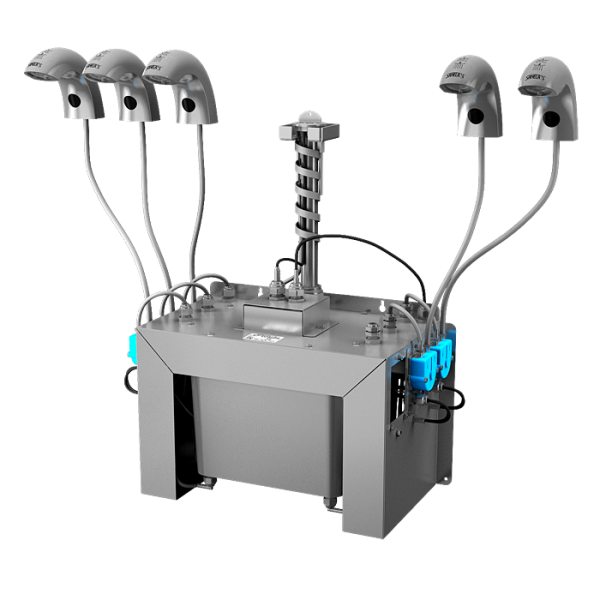 Automatická nerezová stojánková baterie (5 ks) s centrálním dávkovačem mýdla a elektronikou ALS pro jednu vodu, nádržka na mýdlo 6 l, 230 V AC
