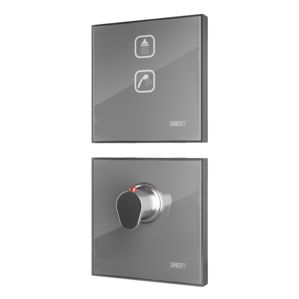 Elektronické dotykové ovládání sprchy s termostatickým ventilem, barva skla světle šedá REF 9006, podsvícení azurové, 24 V DC
