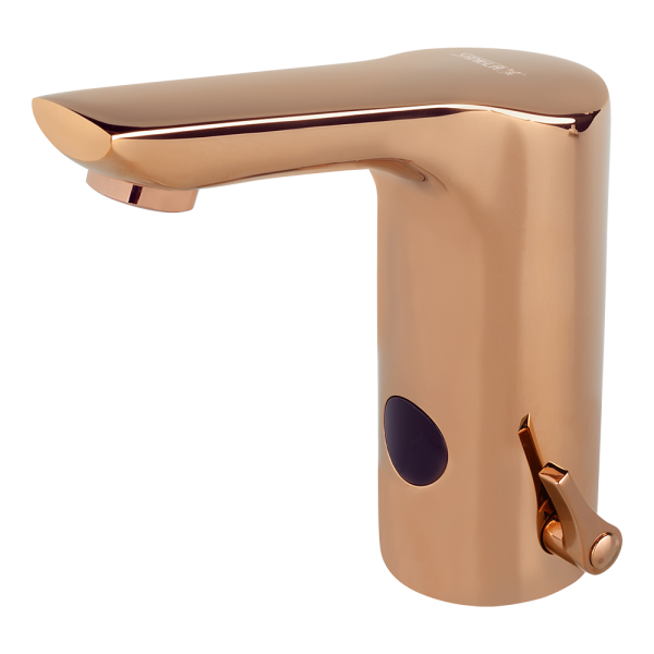 Automatická stojánková baterie s regulací, úzký výtok, dvě vody, rose gold, 6 V