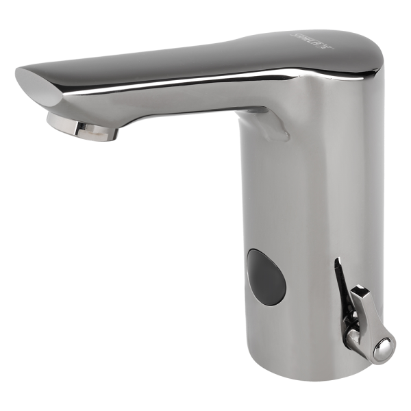 Automatická stojánková baterie s regulací, úzký výtok, dvě vody, metal grey, 24 V DC